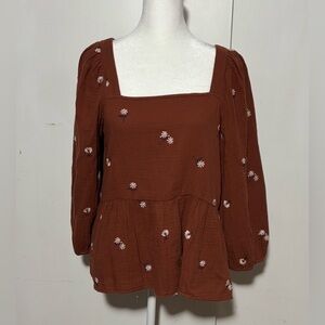 Madewell Amie Floral Embroidered Lightspun Millbrook Puff-Sleeve Peplum Top SzXS